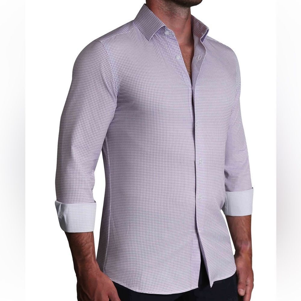 NWT State Liberty Mens Purple Checkered Athletic Fit Dress Shirt Sz M